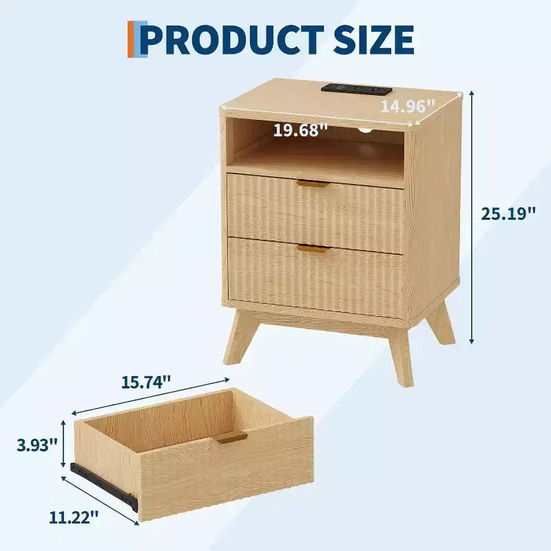 Table de chevet cannelée Modern Wave avec station de recharge, table d'appoint à 2 tiroirs avec étagère ouverte, table de chevet pour chambre ou salon, rangement élégant