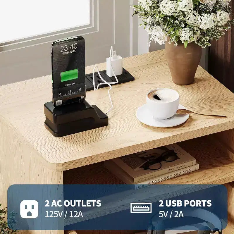 Table de chevet cannelée Modern Wave avec station de recharge, table d'appoint à 2 tiroirs avec étagère ouverte, table de chevet pour chambre ou salon, rangement élégant