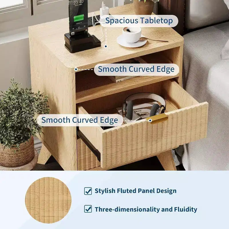 Table de chevet cannelée Modern Wave avec station de recharge, table d'appoint à 2 tiroirs avec étagère ouverte, table de chevet pour chambre ou salon, rangement élégant