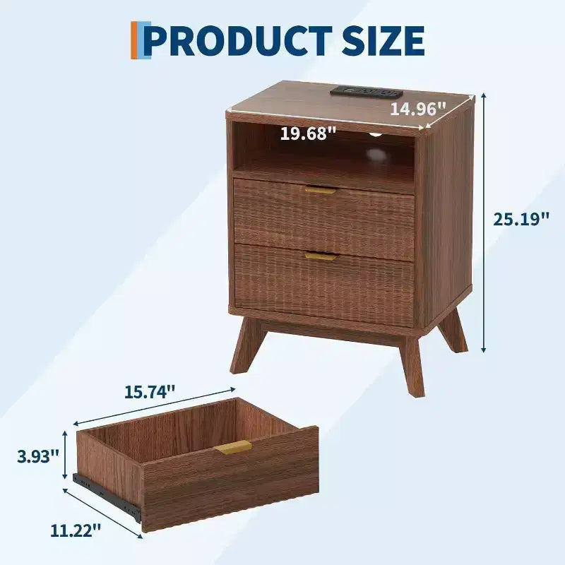 Table de chevet cannelée Modern Wave avec station de recharge, table d'appoint à 2 tiroirs avec étagère ouverte, table de chevet pour chambre ou salon, rangement élégant
