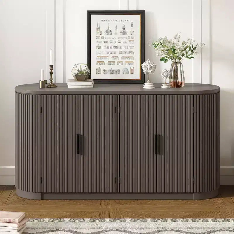 Clihome Vertical Striped Door Storage Cabinet with Metal Handles and Adjustable Shelves for Dining Room Storage, Modern Living Room Cabinet