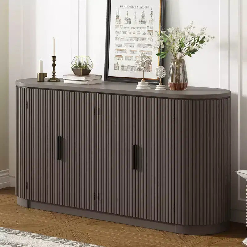 Clihome Vertical Striped Door Storage Cabinet with Metal Handles and Adjustable Shelves for Dining Room Storage, Modern Living Room Cabinet