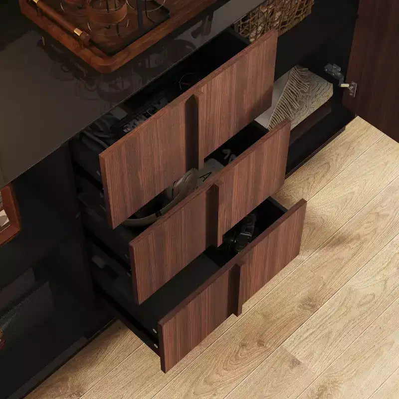 Famapy Multifunctional Storage Cabinet Buffet Kitchen Cabinet with Sliding Outlets  Black Gloss & Wood Finish