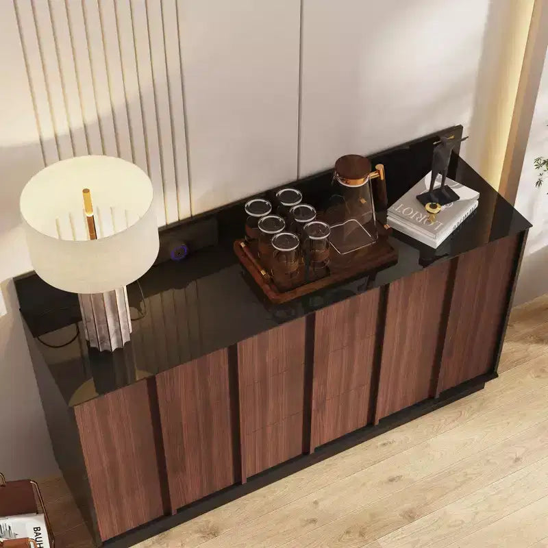 Famapy Multifunctional Storage Cabinet Buffet Kitchen Cabinet with Sliding Outlets  Black Gloss & Wood Finish