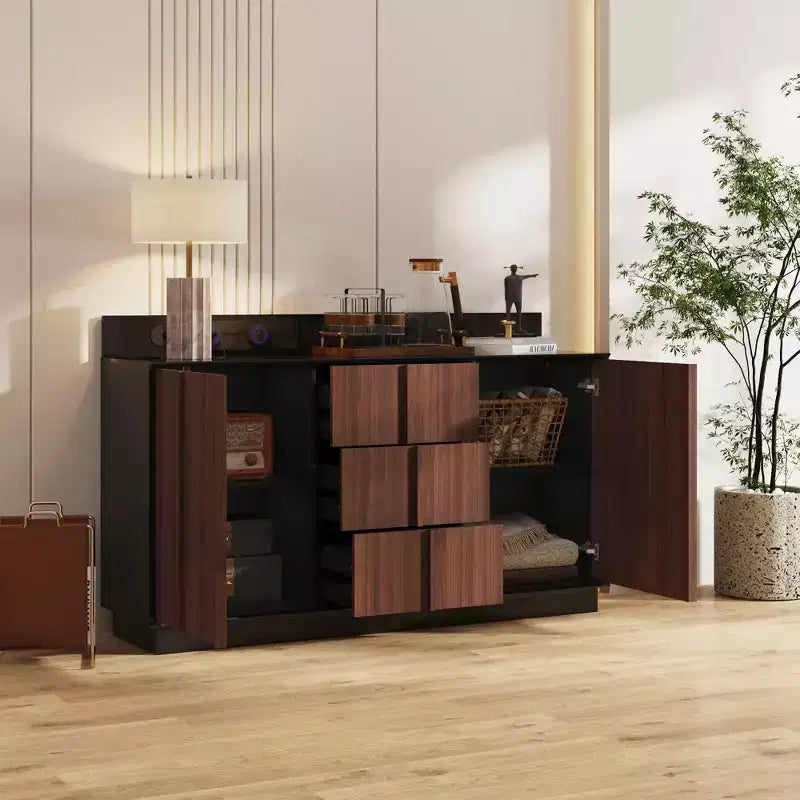 Famapy Multifunctional Storage Cabinet Buffet Kitchen Cabinet with Sliding Outlets  Black Gloss & Wood Finish