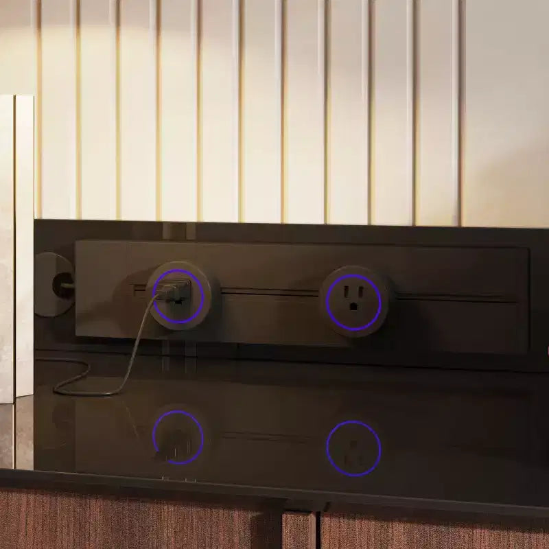 Famapy Multifunctional Storage Cabinet Buffet Kitchen Cabinet with Sliding Outlets  Black Gloss & Wood Finish