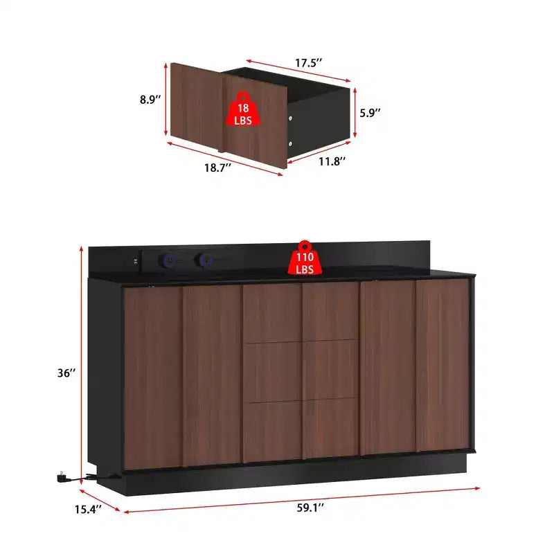 Famapy Multifunctional Storage Cabinet Buffet Kitchen Cabinet with Sliding Outlets  Black Gloss & Wood Finish