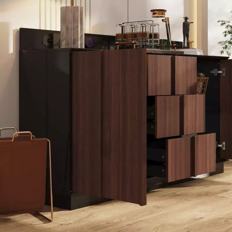 Famapy Multifunctional Storage Cabinet Buffet Kitchen Cabinet with Sliding Outlets  Black Gloss & Wood Finish
