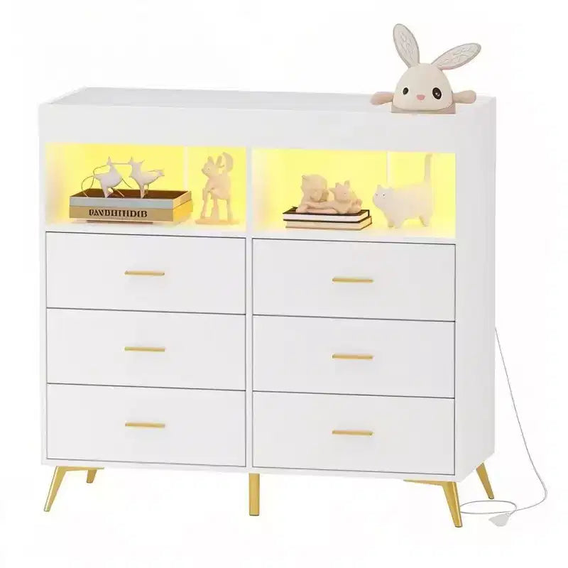 Changing Table Dresser  Multi-Functional Baby Nursery Dresser with LED Lights & Power Outlet (6 Drawers + 2 Shelves)
