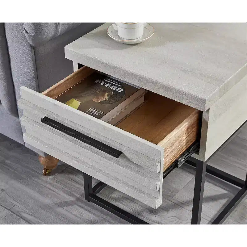 Okak Rustic Side Table with Storage Drawer and Metal Legs, End Table with Thick Tabletop, Accent Table for Sofa Side, Living Room, Bedroom