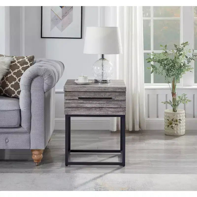 Okak Rustic Side Table with Storage Drawer and Metal Legs, End Table with Thick Tabletop, Accent Table for Sofa Side, Living Room, Bedroom