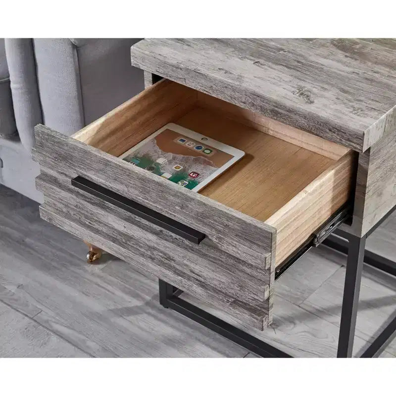 Okak Rustic Side Table with Storage Drawer and Metal Legs, End Table with Thick Tabletop, Accent Table for Sofa Side, Living Room, Bedroom