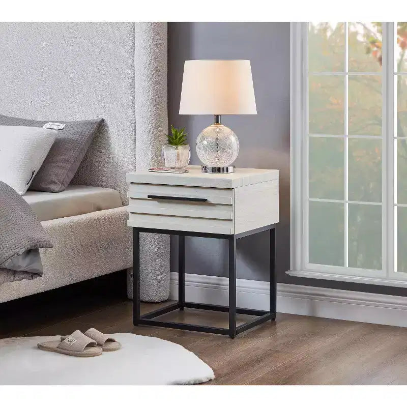 Okak Rustic Side Table with Storage Drawer and Metal Legs, End Table with Thick Tabletop, Accent Table for Sofa Side, Living Room, Bedroom