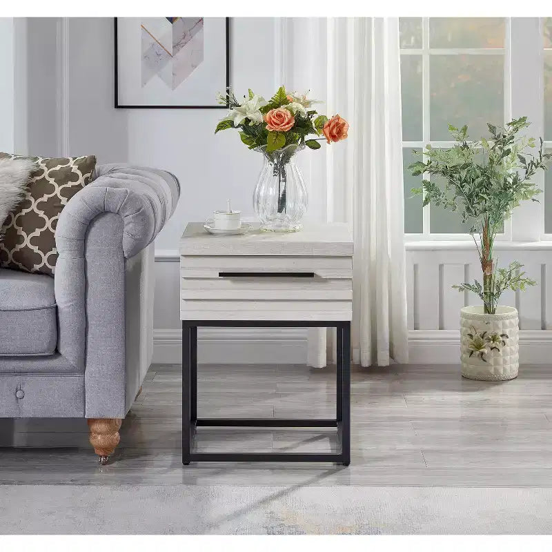 Okak Rustic Side Table with Storage Drawer and Metal Legs, End Table with Thick Tabletop, Accent Table for Sofa Side, Living Room, Bedroom