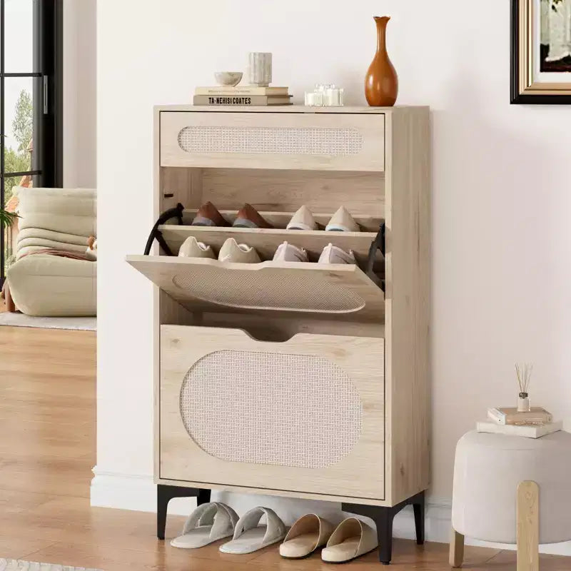 Rattan shoe cabinet with 2 flip-top drawers and 1 pull-out drawer, three adjustable shelves, designed for narrow entryways and hallways.