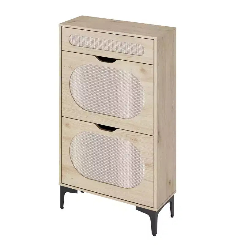 Rattan shoe cabinet with 2 flip-top drawers and 1 pull-out drawer, three adjustable shelves, designed for narrow entryways and hallways.