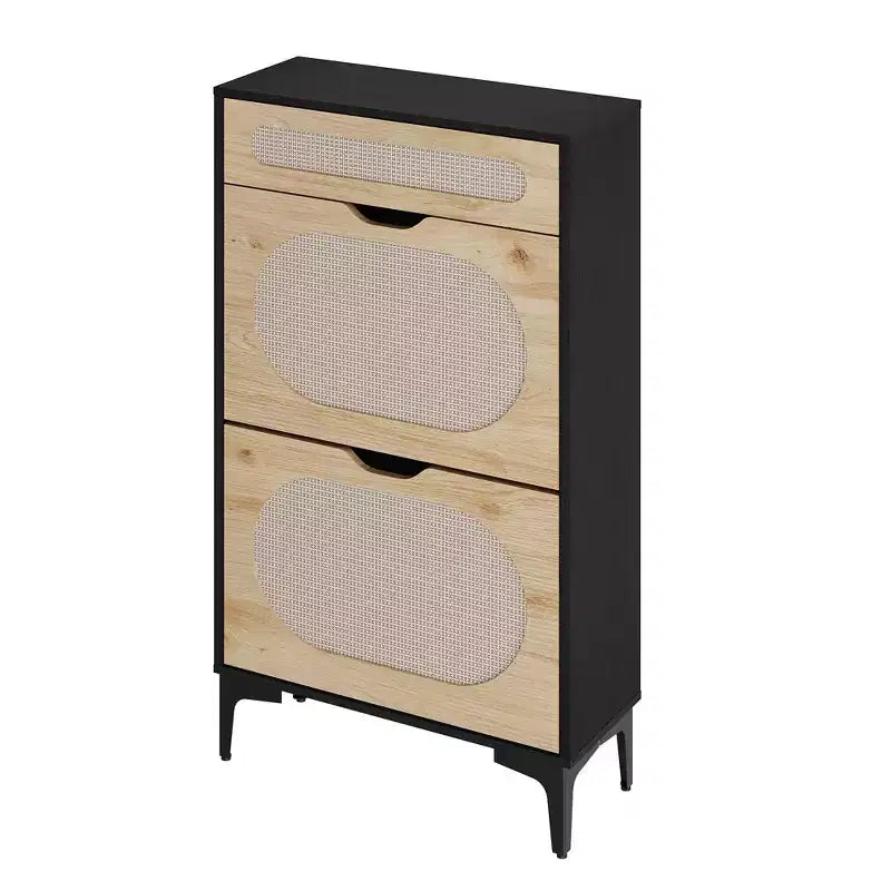 Rattan shoe cabinet with 2 flip-top drawers and 1 pull-out drawer, three adjustable shelves, designed for narrow entryways and hallways.