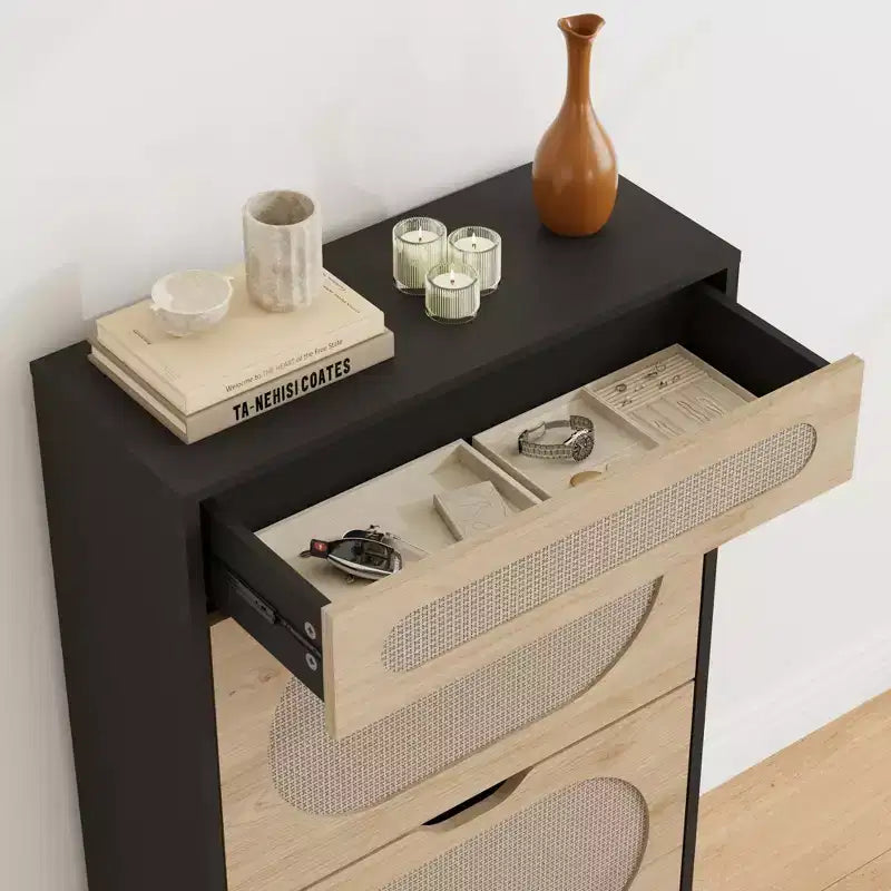 Rattan shoe cabinet with 2 flip-top drawers and 1 pull-out drawer, three adjustable shelves, designed for narrow entryways and hallways.