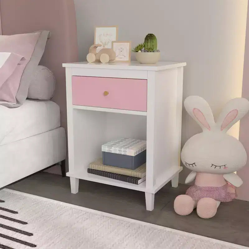 Pink Wooden Nightstand with 1 Drawer & 1 Shelf  For Kids & Adults