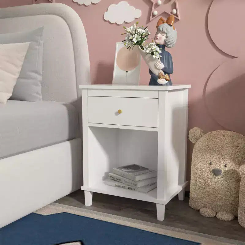 Table de chevet en bois rose avec 1 tiroir et 1 étagère pour enfants et adultes