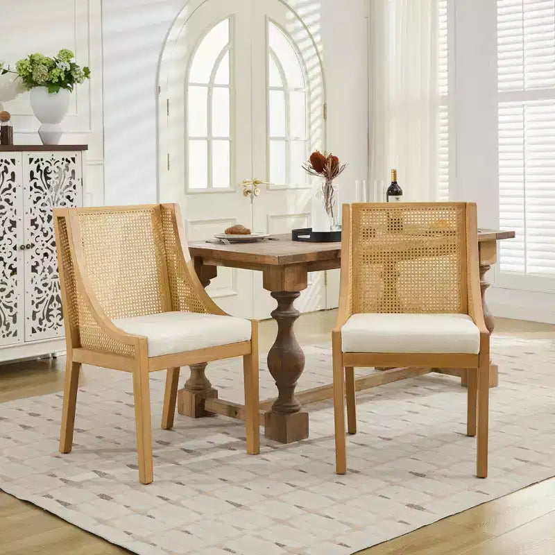 Chaise de salle à manger en rotin MAYEERTY - Cadre en bois massif, accoudoirs décoratifs, siège en lin, style rustique, finition naturelle, pack individuel