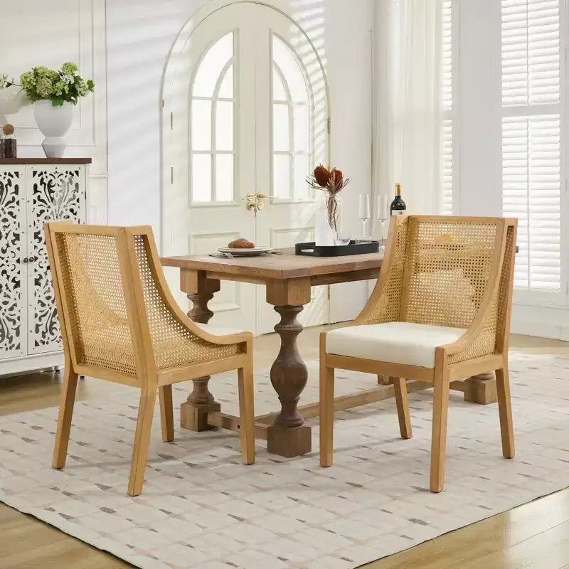 Chaise de salle à manger en rotin MAYEERTY - Cadre en bois massif, accoudoirs décoratifs, siège en lin, style rustique, finition naturelle, pack individuel