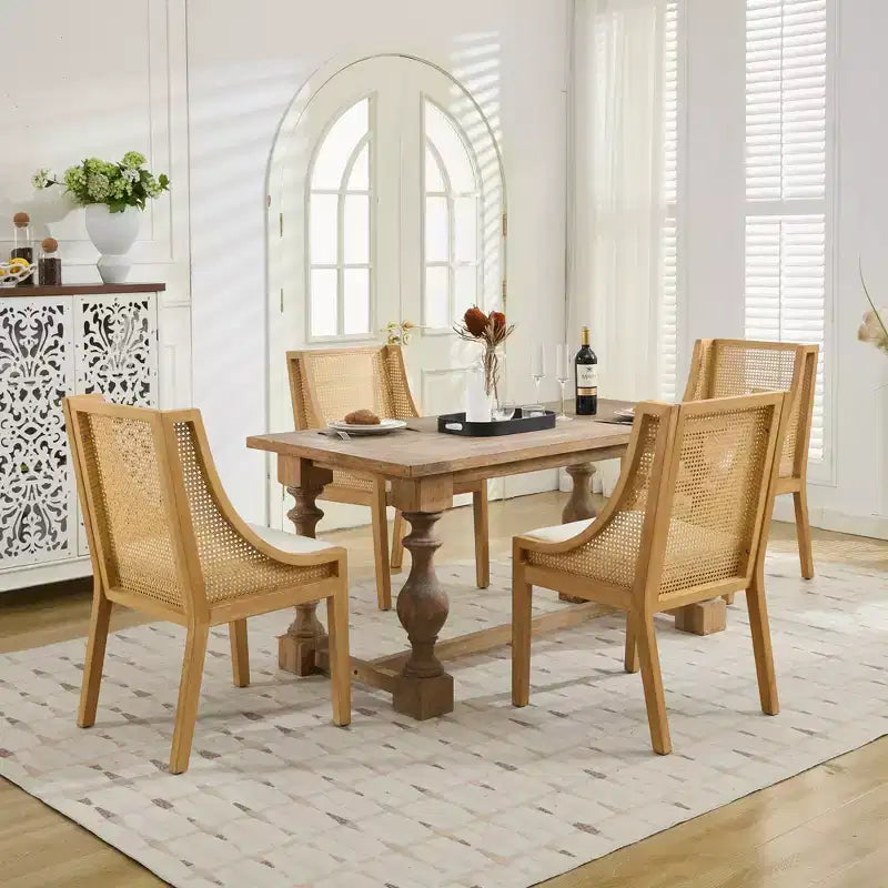 Chaise de salle à manger en rotin MAYEERTY - Cadre en bois massif, accoudoirs décoratifs, siège en lin, style rustique, finition naturelle, pack individuel