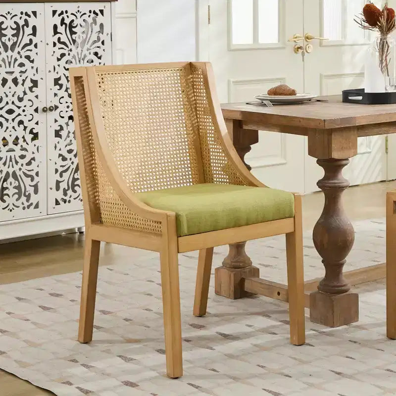 Chaise de salle à manger en rotin MAYEERTY - Cadre en bois massif, accoudoirs décoratifs, siège en lin, style rustique, finition naturelle, pack individuel