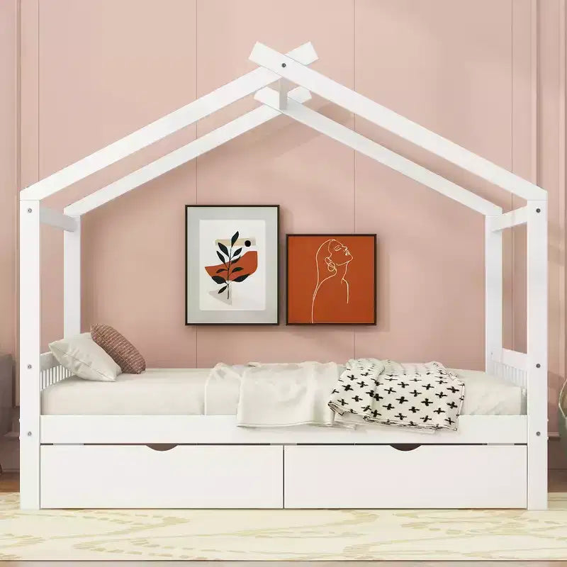 Full Wooden House Bed Frame with Two Storage Drawers, Platform with Roof Design Headboard and Footboard, for Girls Boys