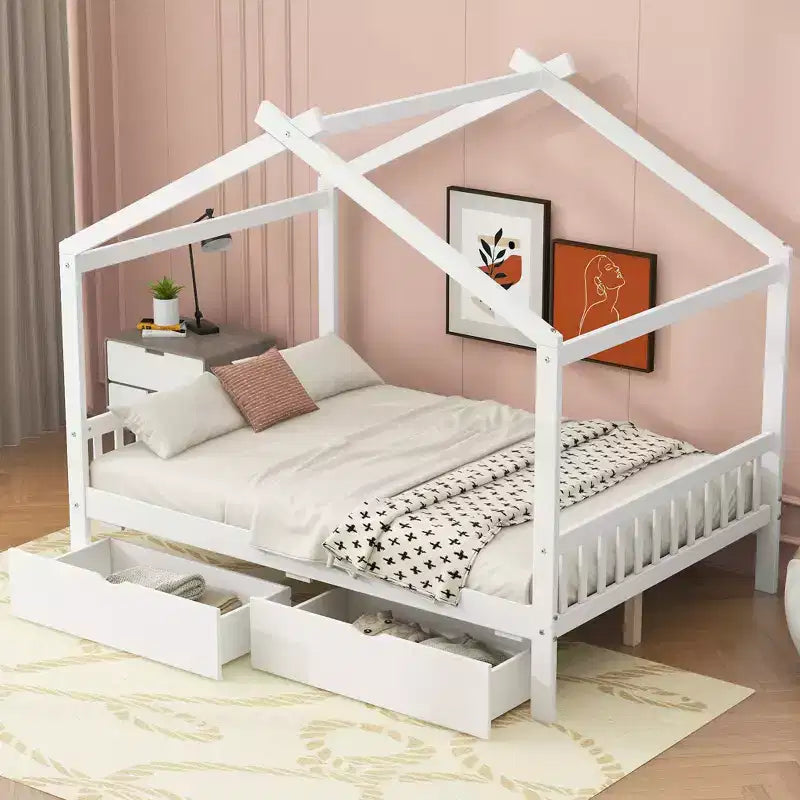 Full Wooden House Bed Frame with Two Storage Drawers, Platform with Roof Design Headboard and Footboard, for Girls Boys