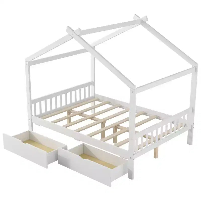 Full Wooden House Bed Frame with Two Storage Drawers, Platform with Roof Design Headboard and Footboard, for Girls Boys