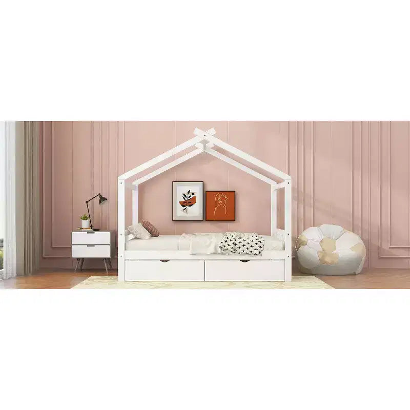 Full Wooden House Bed Frame with Two Storage Drawers, Platform with Roof Design Headboard and Footboard, for Girls Boys