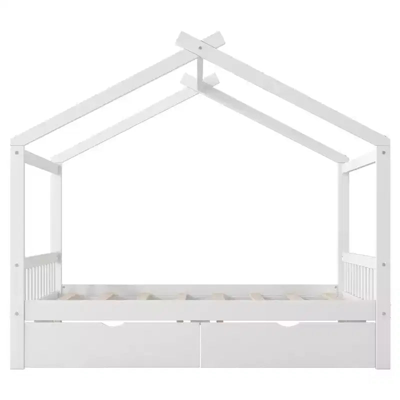 Full Wooden House Bed Frame with Two Storage Drawers, Platform with Roof Design Headboard and Footboard, for Girls Boys
