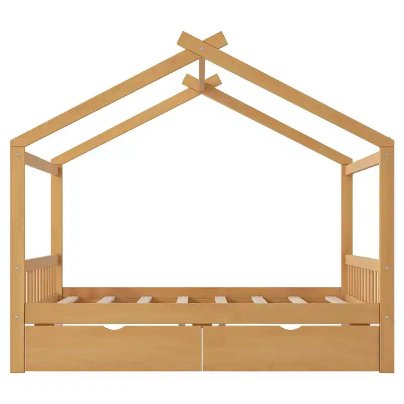 Full Wooden House Bed Frame with Two Storage Drawers, Platform with Roof Design Headboard and Footboard, for Girls Boys