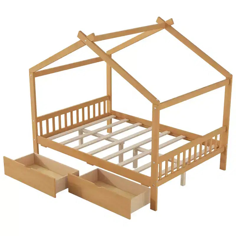 Full Wooden House Bed Frame with Two Storage Drawers, Platform with Roof Design Headboard and Footboard, for Girls Boys