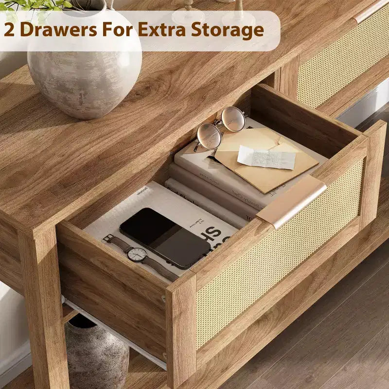43 Inch Farmhouse Rattan Console Tables for Entryway, Narrow Wood Couch Table Behind Sofa, Boho Console Sofa Table, for Living Room