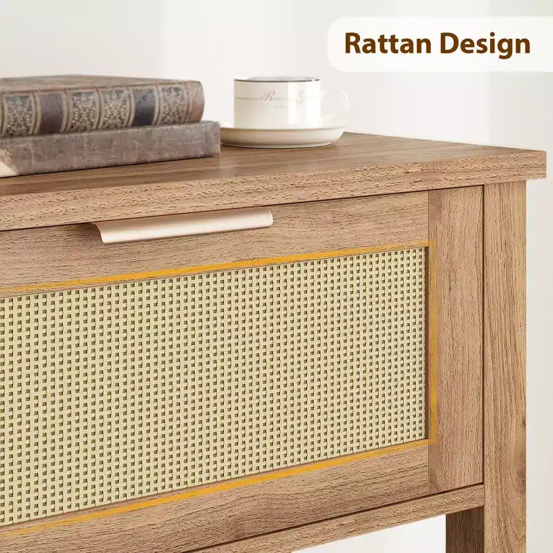 43 Inch Farmhouse Rattan Console Tables for Entryway, Narrow Wood Couch Table Behind Sofa, Boho Console Sofa Table, for Living Room