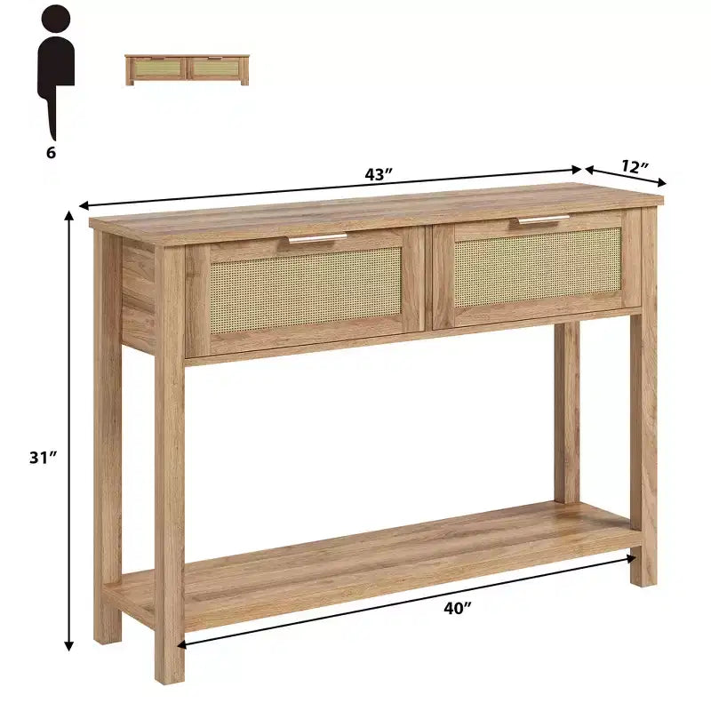 43 Inch Farmhouse Rattan Console Tables for Entryway, Narrow Wood Couch Table Behind Sofa, Boho Console Sofa Table, for Living Room