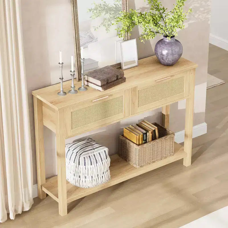 43 Inch Farmhouse Rattan Console Tables for Entryway, Narrow Wood Couch Table Behind Sofa, Boho Console Sofa Table, for Living Room
