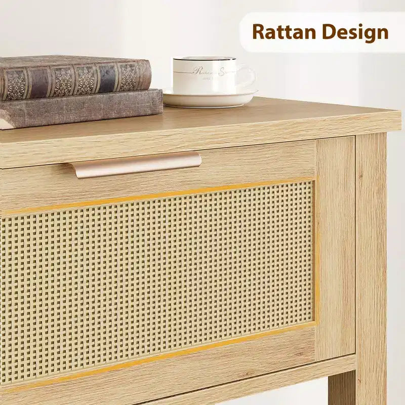 43 Inch Farmhouse Rattan Console Tables for Entryway, Narrow Wood Couch Table Behind Sofa, Boho Console Sofa Table, for Living Room
