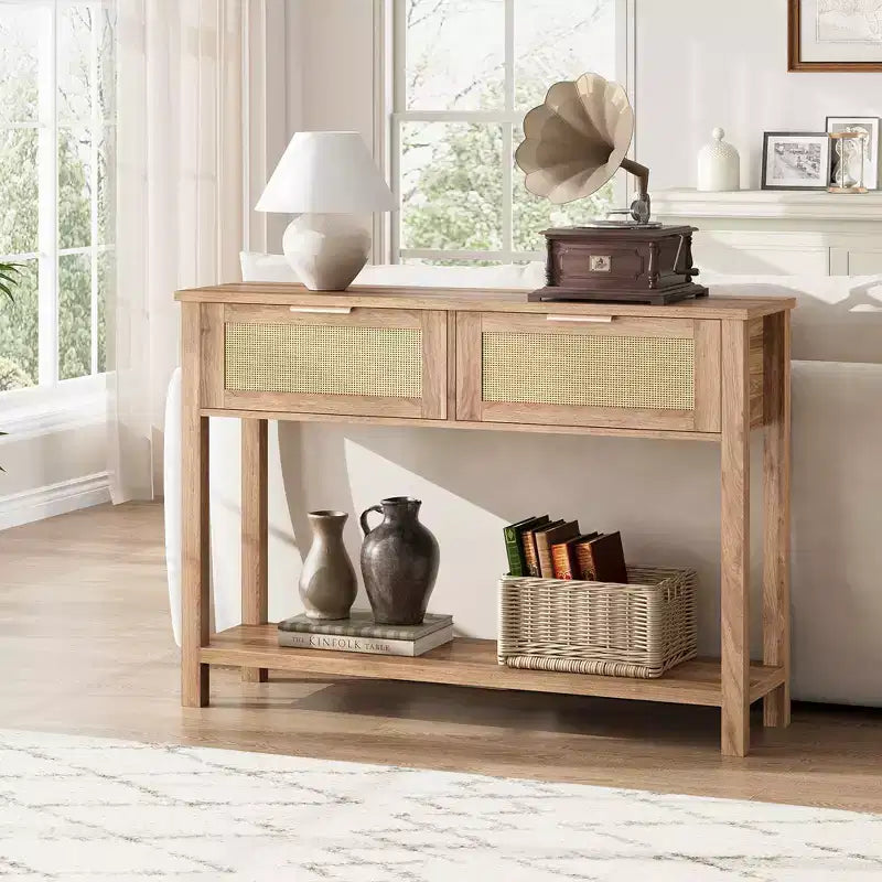43 Inch Farmhouse Rattan Console Tables for Entryway, Narrow Wood Couch Table Behind Sofa, Boho Console Sofa Table, for Living Room
