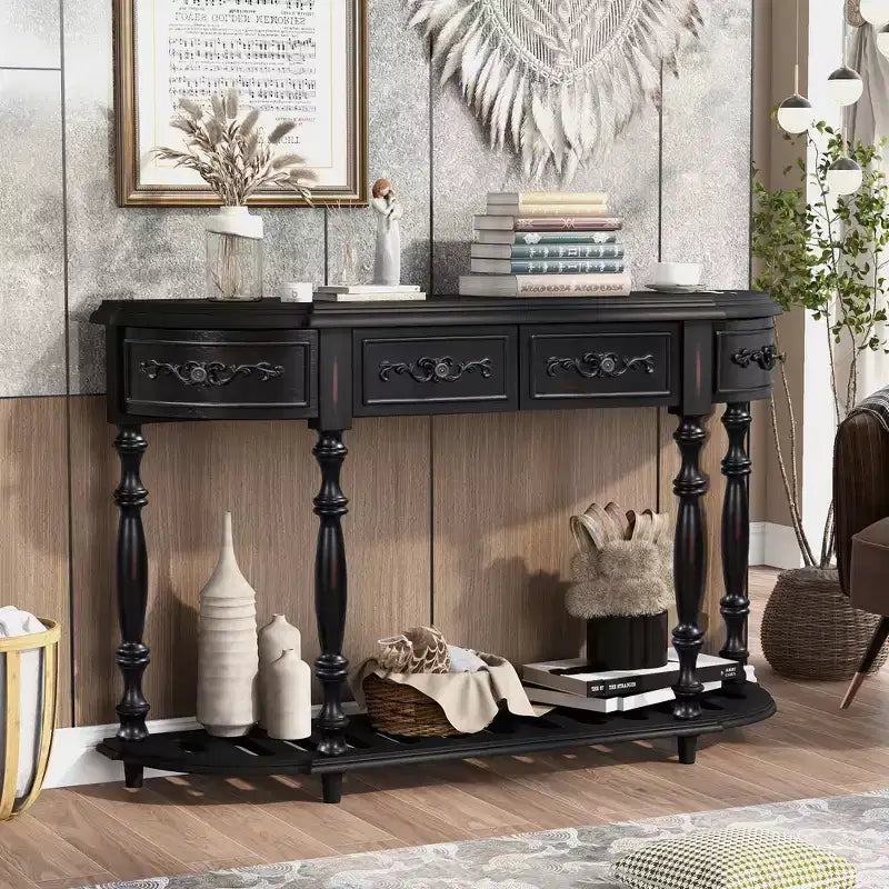 Clihome 52Modern and Contemporary Curved Console Table Sofa Table Entryway Table with 4 Drawers and 1 Shelf for Living Room, Hallway