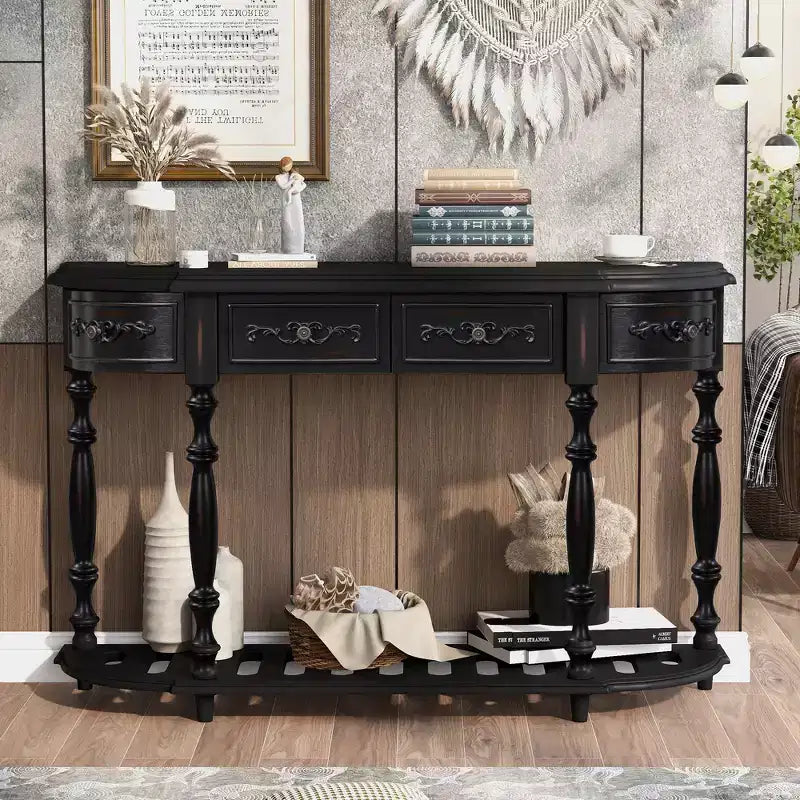 Clihome 52Modern and Contemporary Curved Console Table Sofa Table Entryway Table with 4 Drawers and 1 Shelf for Living Room, Hallway