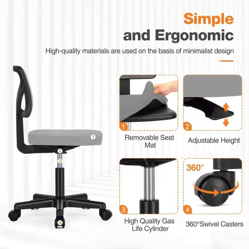 Okak Low-Back Mesh Office Chair with Armless Design, Computer Chair with Lumbar Support, Desk Chair for Study, Reading Room, Office