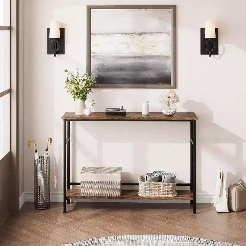 40 Inch Entryway Table, 2-Tier Industrial Console Sofa Table with Storage, Accent Table, for Entry, Hallway, Entrance, Foyer, U-Shaped Metal Frame