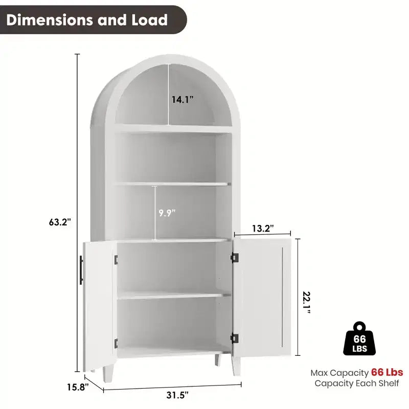 63.2Arched Bookcase with Doors, 5 Tier Open Display Shelf with Rattan Decor, Versatile Storage Cupboard for Kitchen, Dining Room, Living Room