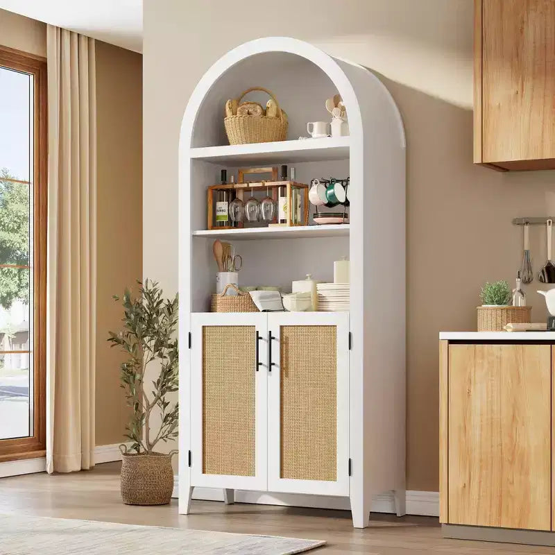 63.2Arched Bookcase with Doors, 5 Tier Open Display Shelf with Rattan Decor, Versatile Storage Cupboard for Kitchen, Dining Room, Living Room