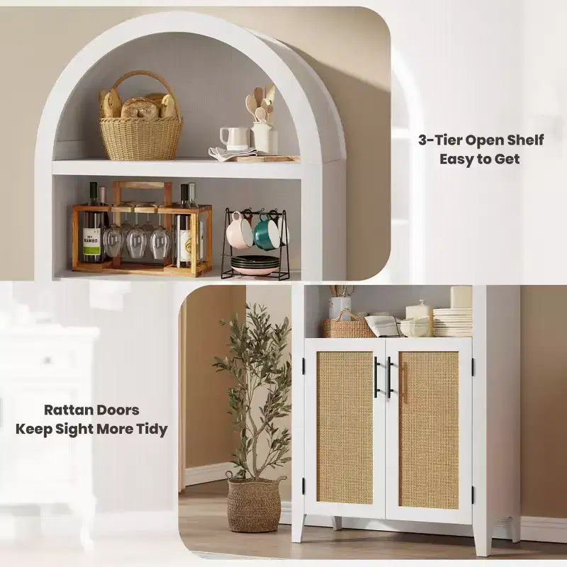 63.2Arched Bookcase with Doors, 5 Tier Open Display Shelf with Rattan Decor, Versatile Storage Cupboard for Kitchen, Dining Room, Living Room
