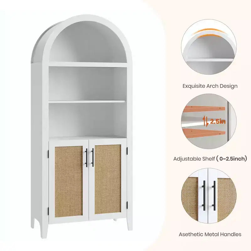 63.2Arched Bookcase with Doors, 5 Tier Open Display Shelf with Rattan Decor, Versatile Storage Cupboard for Kitchen, Dining Room, Living Room
