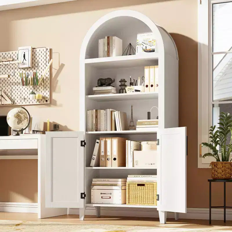 63.2Arched Bookcase with Doors, 5 Tier Open Display Shelf with Rattan Decor, Versatile Storage Cupboard for Kitchen, Dining Room, Living Room